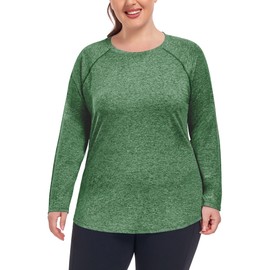 COOTRY Plus Size Workout Tops for Women Long Sleeve Shirts Breathable Moisture Wicking Athletic Gym Yoga Clothing Green 2XL