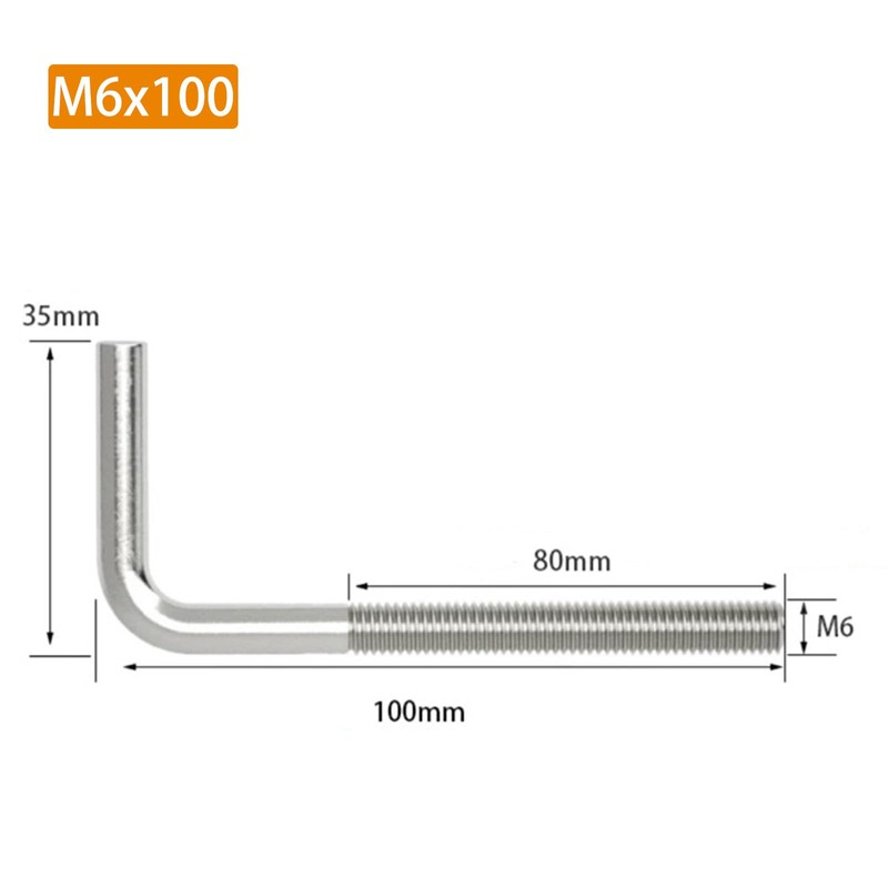 (15 Pieces) M6x100mm L Shape Foundation Bolts 304 Stainless Steel