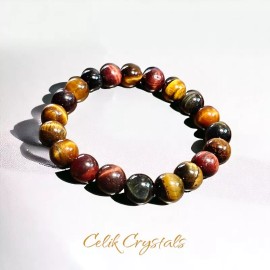Unbranded Tiger Eye Bracelet Gold Blue & Red Mix - 10mm Natural Stone Crystals