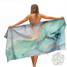 Ulticool Marble Green Blue Gold Towel - For Men or Women - Quick Drying Microfibre Bath Towel - 160 x 80 cm - Travel Fitness Gym Sports Spa Yoga - Double Sided Print - Multicoloured