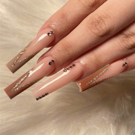 Brishow False Nails Long False Nails French Nude Press on Nails Crystal Stick on Nails 24 Pieces for Women and Girls