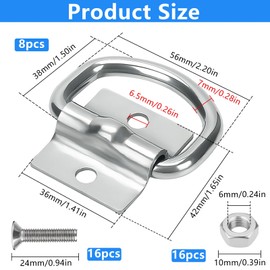 TTYSHIP Pack of 8 D-ring lashing eyelets, lashing eyelets for trailers, with 16 mounting screws, lashing eyelets for securing loads in trailers, trucks, boats, cars, kayaks