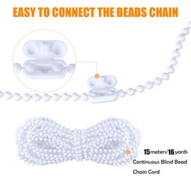 15Meters/16Yards Roller Blinds Bead Chain Cord with 8 Connectors - Window Curtain Beads Rope Repair, Vertical & Roman Shade Replacement for Outdoor Blinds, Roller Shades, and Cellular Shades