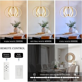Jyforid Gold Modern Chandelier LED Pendant Lighting Dimmable Contemporary Chandelier for Dining Room Kitchen Foyer Entryway, 3000K-6000K