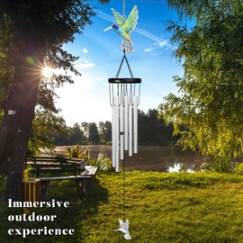 Kingtto Outdoors Hummingbird Wind Chimes Sympathy Memorial for Loss of Loved One - Soothing Melodic Tones Aluminum Chime Great as a Gift for Your Patio Porch Garden and Backyard (Silvery, Hummingbird)