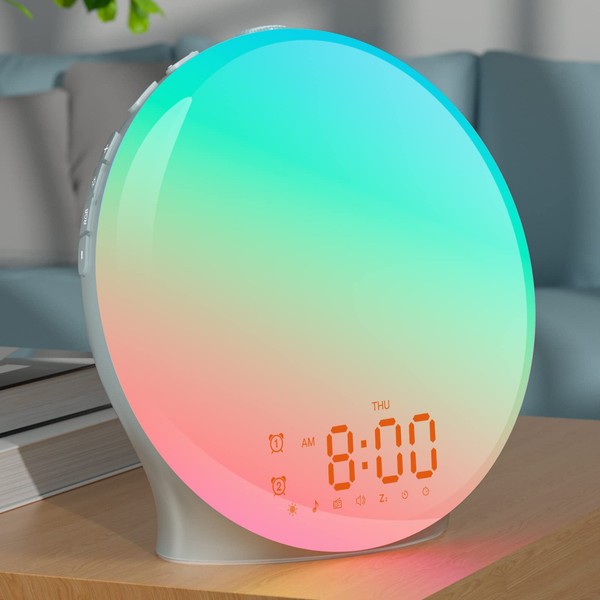 ONLYCARE Light Alarm Clock Wake Up Light 320 Lux Alarm Clock with Light Daylight Alarm Clock Sunrise Alarm Clock with Music Colourful Light for Children 14 Colours 2 Alarm Clock Full Screen Digital