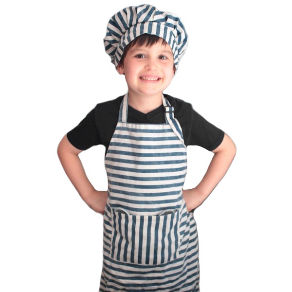 Dapper&Doll Kids Apron and Chef Hat - Gift Set for Kids Ages 4-10 - Blue Stripe