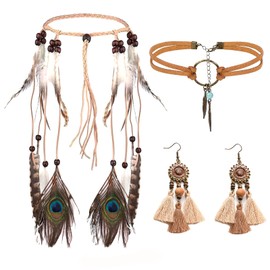 YSTJKD 3-Piece Indian Head Jewellery Set, Indian Hippie Boho Feather Headband, Boho Dream Catcher Earrings, Leather Choker Necklace Set for Hippie Costume, Vintage, Carnival Jewellery, Faux Leather, 1