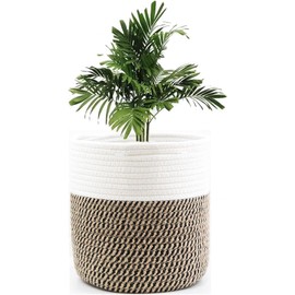 Rope Woven Plant Basket 12inch White & Jute Plant Basket for Plant Pots Indoor Flower Pot Covers Decorative Round Tree Planter Basket Modern Closet Storage Bin for Home Decor (White & Jute 12in)