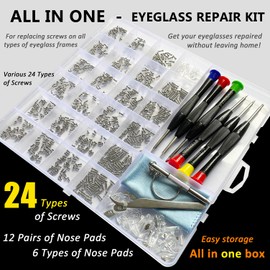 PFDHQS Eyeglass Repair Kit - 24 Types of Eyeglass Screw Size Glasses Repair Kit with Screws, Eyeglass Nose Pads, Eyeglass Screwdriver and Tweezer (24 Types Screws)