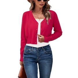 Newshows Womens Cardigan Summer Cropped Lightweight Short Cardigans Ladies V Neck Knit Buttons Bolero Shrug Red,L