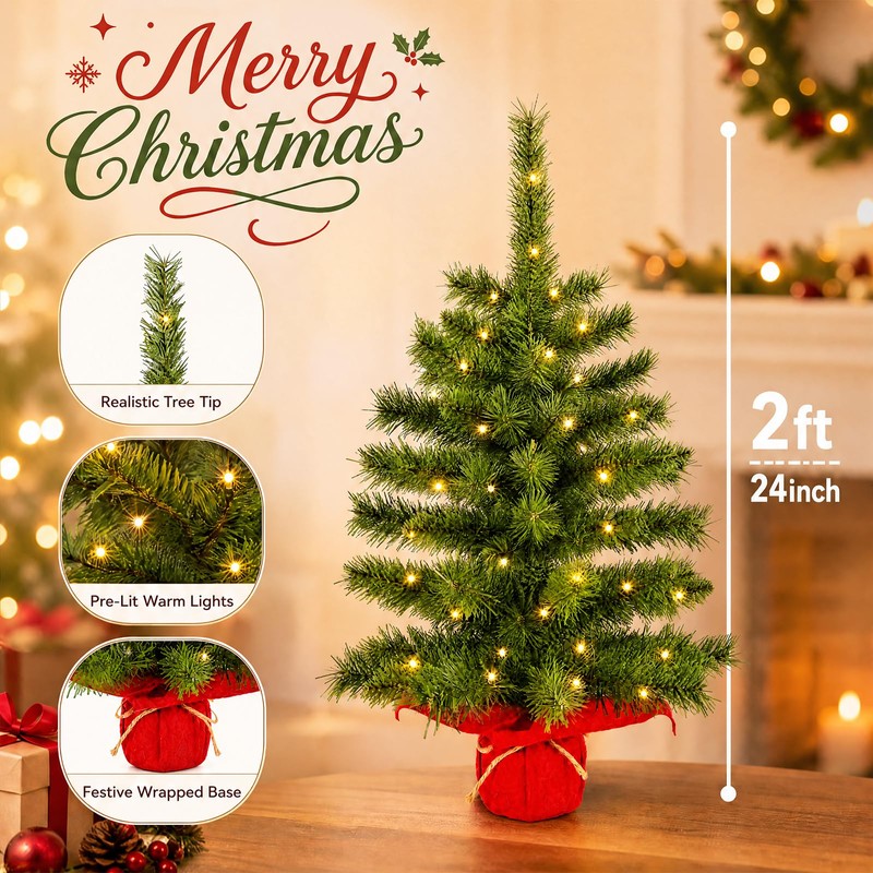 2ft Pre-lit Artificial Mini Christmas Tree,Small Xmas Tree
