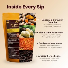 Fihi Super Vitality Mushroom Coffee with 1000mg Curcumin, Lion’s Mane, Cordyceps | Anti-Inflammatory, Focus, Energy | Vegan, Gluten-Free, No Sugar | 15 Servings