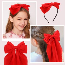 AHONEY 2 Pack Red Hair Bows for Women, Silky Satin Hair Bows Clips for Women Girls, Bow Headband Oversized Ribbons for Hair (Red)