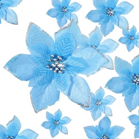 Xuniea 24 Pcs 3 Size Glitter Poinsettia Artificial Flowers Christmas Tree Ornament Christmas Flowers with Clips for Xmas Party New Year Home Decoration, 4, 6 and 9 (Lake Blue)
