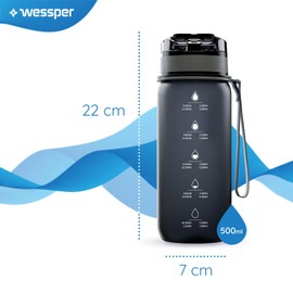 Wessper Tritan Water Bottle 500 ml Grey Water Bottle with Time Marking BPA-Free Leak-Proof Sports Bottle for Bicycle School Children Hiking Sports Water Bottle Fitness Bottle Dishwasher Safe