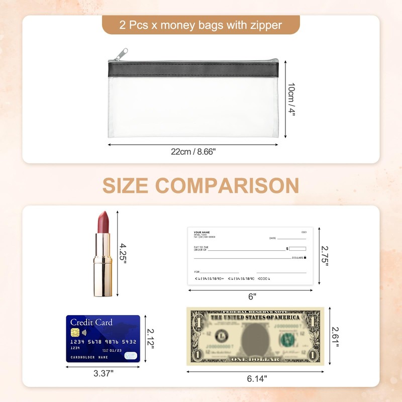 PATIKIL 8.7x3.9 Inch Money Bags with Zipper, 2 Pcs Clear