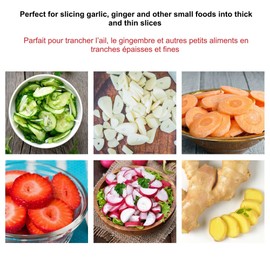 Starfrit Precision Slicer - Compact Mandoline Perfect for Garlic & Ginger - 2 Thicknesses - Self Feeding Pusher - Food Container - Bonus Garlic Peeler