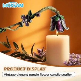 MUXSAM Vintage Candle Snuffer, Candle Extinguisher with Long Handle, Metal Wick Flame Snuffer for Putting Out Candle Flame Safely, Floral Candle Snuffers Accessory for Candle Lovers, Purple