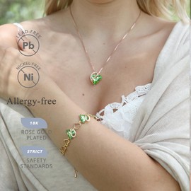 Leafael Rose Gold Plated Necklace for Women: Heart Shaped Fern Green Crystal Center, August Birthstone, Dazzling Cubic Zirconia, Hypoallergenic Chain (18"+2"), Timeless Jewelry Gifts for Her