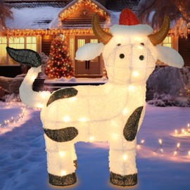 Bshine Light Up Christmas Farm Animal Outdoor Decoration, 30.3 Inch 3D Cow Wearing Xmas Hats Lighted Holiday Display, Indoor/Outdoor Christmas Farm Decoration Home Lawn Garden Yard