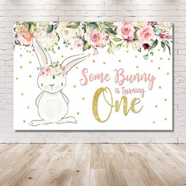 MEHOFOND 7x5ft Bunny Girl One Birthday Party Backdrop Spring Pink Floral Glitter Gold Rabbit Some Bunny One Girl Happy 1st Birthday Photography Background Photo Banner Easter Poster