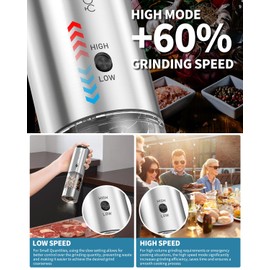 CIRCLE JOY Rechargeable Salt and Pepper Grinder Set Stainless Steel Electric Pepper Grinders with Variable Grinding Speed, External Adjustable Coarseness, Charging Base and White LED Light, Silver