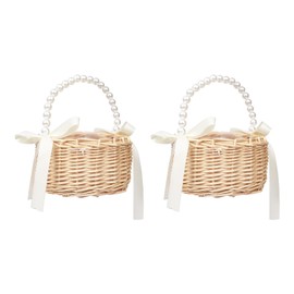 Pack of 2 Wicker Flower Girl Basket for Weddings, Rattan Flower Basket, Handmade Basket with Handle, Wicker Basket, Flower Basket for Wedding Party