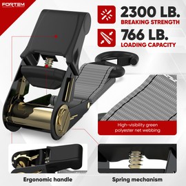 FORTEM Ratchet Straps, 2300lb Break Strength, 4 Pack 15ft x 1in Tie Down Strap Set, 4 Soft Loops, Motorcycle Straps Tie Downs, Cargo Cam Buckles, Rubber Handles, Safety Lock S Hooks, Carry Bag