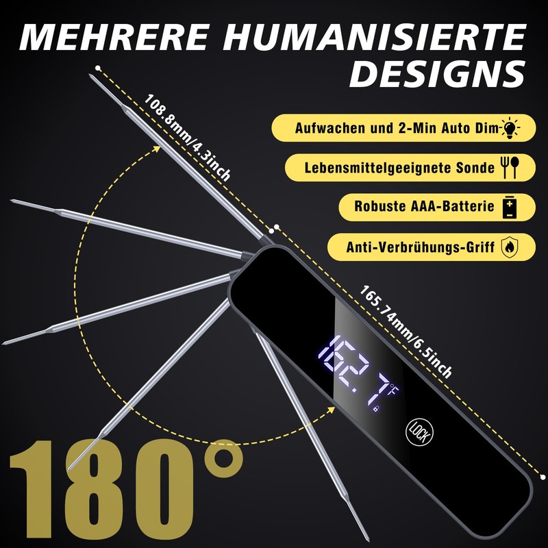 Homtronics Fleischthermometer, Grillthermometer Digital, IPX6 Wasserfest Küchenthermometer,1s sofortiges Bratenthermomete, Faltbar