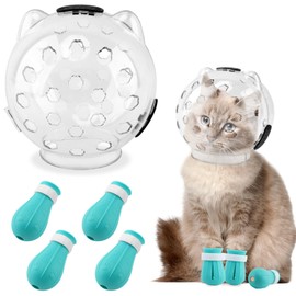 Velarionna Cat Muzzle for Grooming, Adjustable Breathable Transparent Cat Astronaut Helmet with 4 Silicone Paw Shoes for Bath Nail Trimming(Size:M)