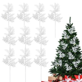 MOTONG 10 PCS Glitter Artificial Christmas Tree Pine Leaves, Artificial Christmas Leaves Picks, Artificial Pine Needles Simulated Tree Branch for Xmas Tree Wreath Seasonal Decoration (White)
