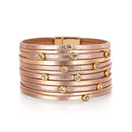 Multilayer Leather Cuff Bracelets for Women Bohemian Stackable Leather Wrap Bracelets Rhinestone Bracelets with Magnetic Clasp(champagne)