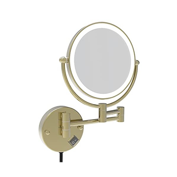 Fixsen 8 Inch LED Wall Mount Two-Sided Magnifying Makeup Vanity Mirror 12 Inch Extension Brushed Gold 1X/7X Magnification Plug 360 Degree Rotation Waterproof Button Shaving Mirror