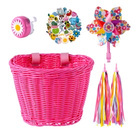 Bike Basket Kids, Pink Bike Basket Front Bike Accessories for Girl Boys, Woven Bicycle Basket with Stickers, Bike Bell, Windmill, and 1pairs Colorful Ribbons Tassels(Pink Basket)