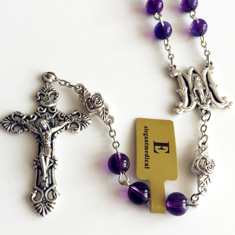 elegantmedical HANDMADE AMETHYST ROSE BEADS 5 DECADE ROSARY ITALY CROSS