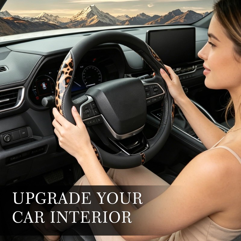 Leopard Steering Wheel Cover for Women, 15 Inch Leather, Brown