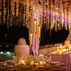 Hurricane Candlestick Holders Gold for Wedding Decor,8Pcs Taper 3 Arm Candelabra 33.8Inches Tall Clear Cylinder Metal Candle Stands for Table Centerpiece Party Birthday Easter Home Decor