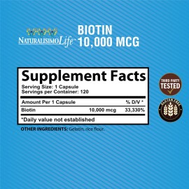 Suplemento Naturalisimolife Biotina De Biotin 10,000 Mcg De 120 Un