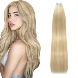 Lveyan Tape in Hair Extensions Human Hair, 18 Inch Balayage Brown/Bleach Blonde Remy Human Hair for Women Skin Weft 20pcs 50g/pack Invisible Tape in Hair Extensions (#P18/613, 18 Inch)