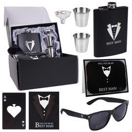 6 Pieces Bestman Gifts Bestman Proposal Wedding Party Box Set: 8oz Stainless Steel Tuxedo Flask with cups Poker Bottle Cap Opener Sunglass Card Sticker Groomsman Box for Wedding Bachelor Party