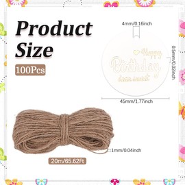 SOFPLATE 1 Box 100Pcs Kraft Paper Tags White Gift Labels Hanging Large 1.77 Inch Golden Word Happy Birthday Dear Sweet 20m Jute Cord Round Present Tags for Gifts Birthday Party Flower Decor Supplies