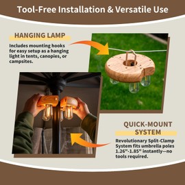 OPOIRA Wood Grain Patio Umbrella Light with Remote Control, Rechargeable Cordless LED Edison Bulbs Pole Light with 10 Brightness Levels for Garden, Patio, Backyard, Camping or BBQ (2 Pack)