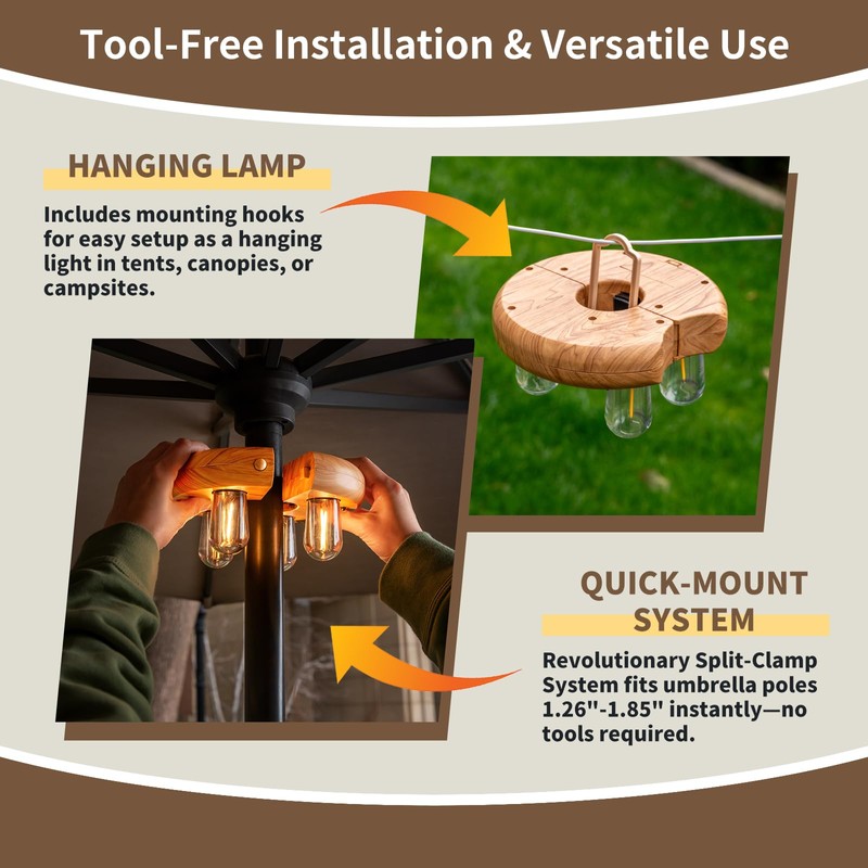OPOIRA Wood Grain Patio Umbrella Light with Remote Control, Rechargeable