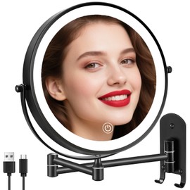 9" Rechargeable Wall Mounted Lighted Makeup Mirror, Double Sided 1X/10X Magnifying Mirror with 3 Color Lights Dimmable, Bathroom Mirror with Hook, Black