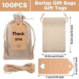 Nodaaiie 100 Pcs Burlap Gift Bags with Drawstring, 4x6 Inch Jute Favor Bags with Gift Tags, for Wedding Party Favors, DIY Crafts, Jewelry Pouches and Christmas Presents