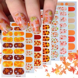 8 Sheets Thanksgiving Day Gel Nail Stickers Full Nail Wraps Fall Orange Maple Leaf Nail Polish Strips Autumn Self Adhesive Nail Sheets Supply Autumn Leaf Gel Nail Wraps for Women DIY Manicure Tips