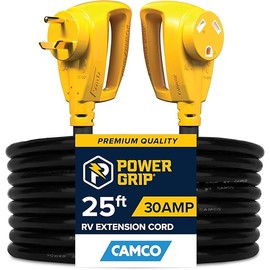 Camco Power Grip 25-Ft 30 Amp Camper/RV Extension Cord - Rated for 125V /3,750W - Features Heavy Duty 10-Gauge Copper Wire for Superior Conductivity & Coated w/Heat-Resilient PVC (55191)