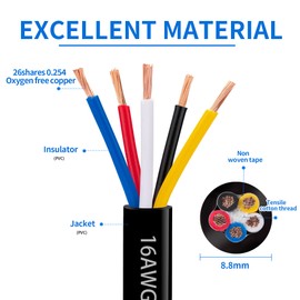 16 Gauge 5 Conductor Electrical Wire 16 AWG Electrical Wire Stranded PVC Cord Oxygen-Free Copper Cable 50FT Pure Copper Automotive Wire Heavy Duty 5 Core Way Trailer Wire (16AWG-5C, 50FT)