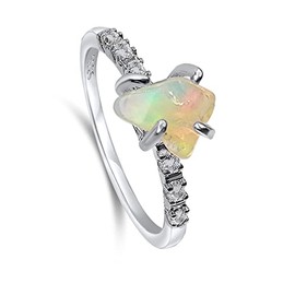 Real Raw fire opal Dainty Ring white Gold Birthstone gift for sister daughter niece Christmas birthday Uniquelan Jewelry (black-opal, 9)